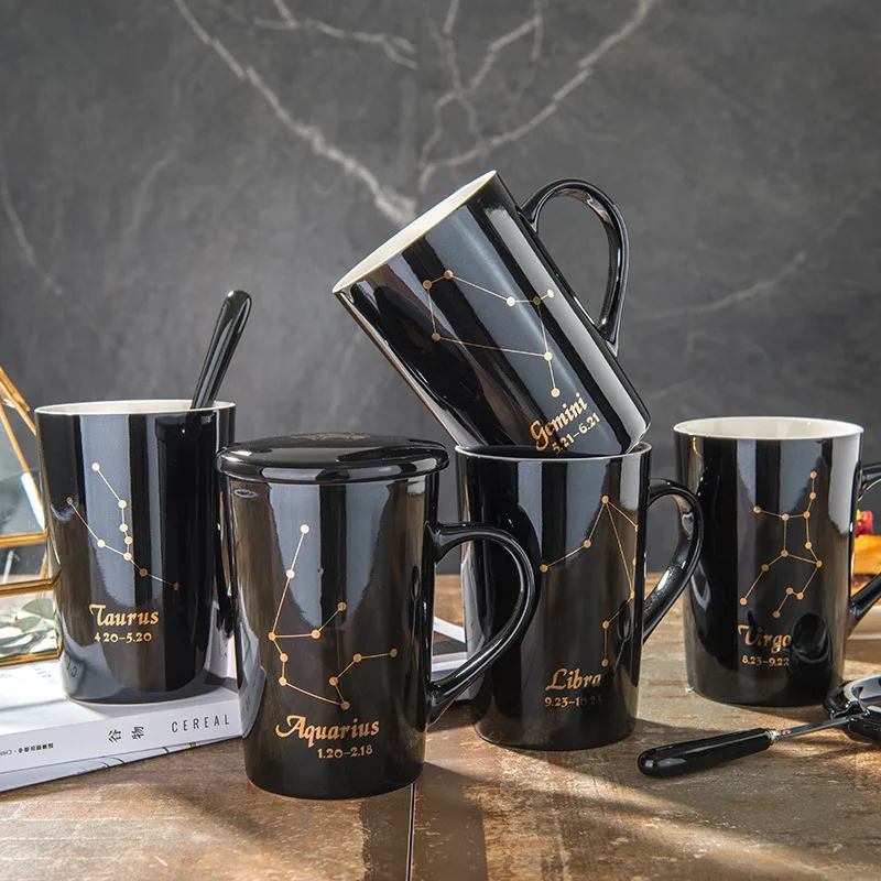 Креативная керамическая кружка для воды с 12 созвездиями дома черная Золотая со