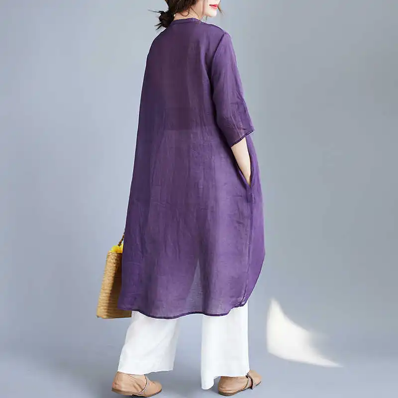 

Chinese Retro Embroidered Linen Shirt Women's Half Sleeve Loose Lapel Mid-Length Cotton Linen Shirt Irregular Top