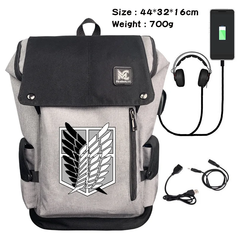 

Anime Attack on Titan Headphone Laptop Bag Travel Teenager Backpack USB Charging Canvas Student Zip Cartoon Schoolbag Rucksack