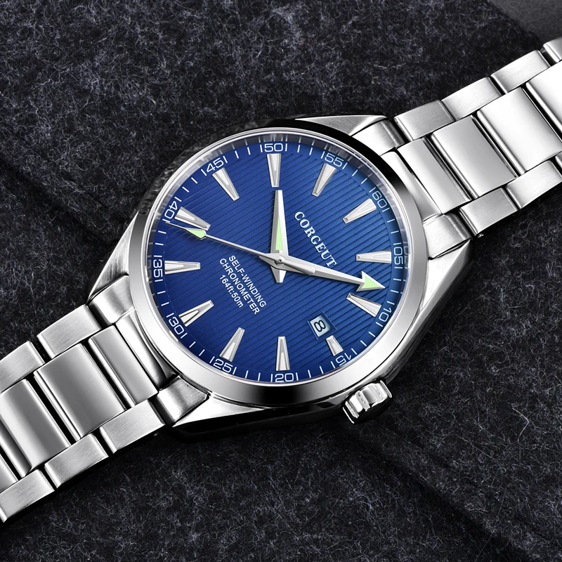 Роскошные мужские часы Corgeut 41 мм с синим циферблатом автоматические календарем