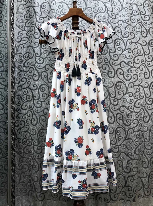 

Women Pleated Midi Dress Floral Short Sleeve Lace-up High Elastic Waist Sweet Dresses Female Clothes Spring Summer