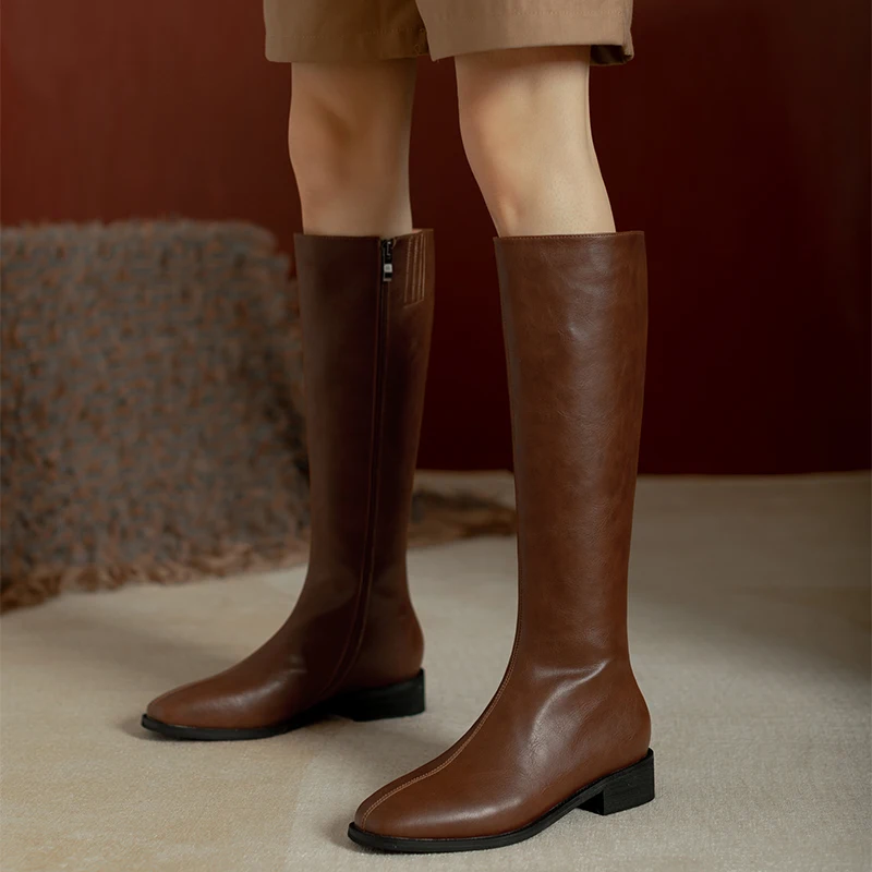 

Hot Women's High Boots Fashion Genuine Leather Women Boots 2021 Autumn Winter Square Toe Thick Heel Knee-High Women Shoes Zipper