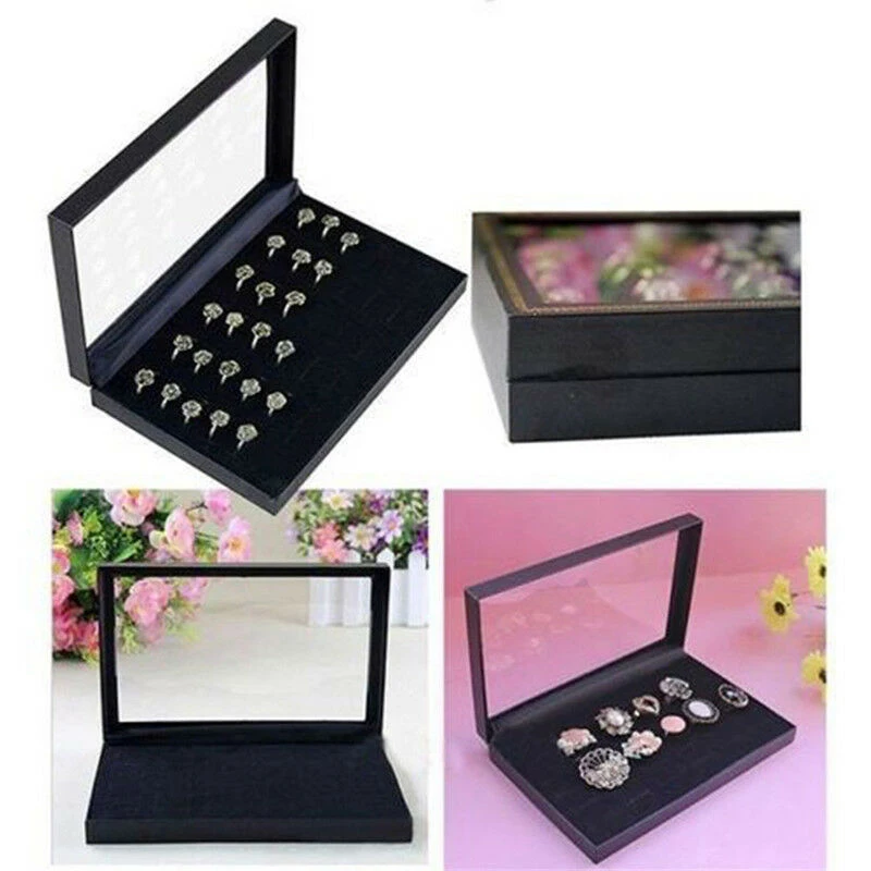 

New 1pc Organizer Box Velvet Jewelry Ring Display Organizer Case Tray Holder Earring Storage Box Transparent Lid High Quality