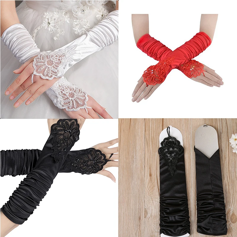 

Vintage Fingerless Lace Satin Wedding Party Gloves Costume Accessories Stretch Opera Black White Color Women Long Gloves