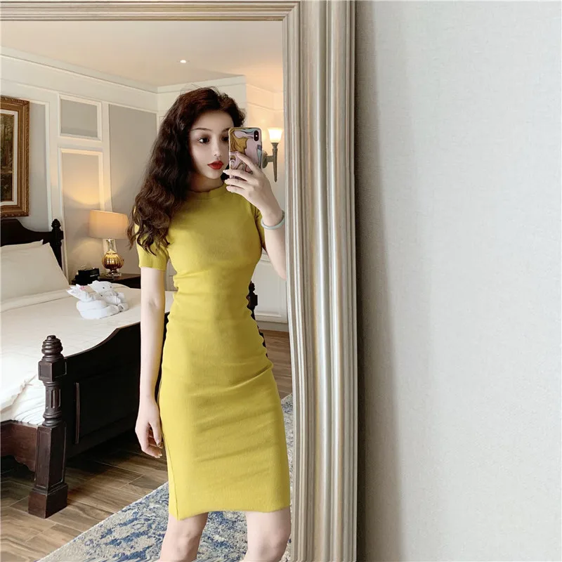 

2020 Summer Women Casual O-neck Short-sleeved Dresses Female Solid Dresses Ladies Casual Elegant Sheath Slim Package Hip Dresses