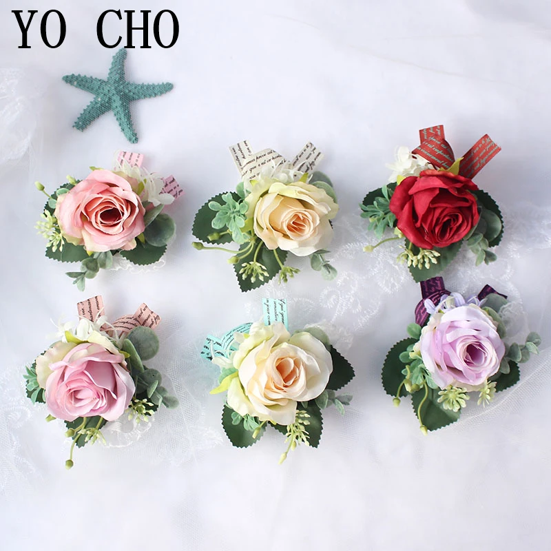 

YO CHO Artificial Silk Rose Flower Wrist Corsages Groom Boutonniere Bride Wedding Wrist Corsage Girl Bracelet Flower Prom Brooch