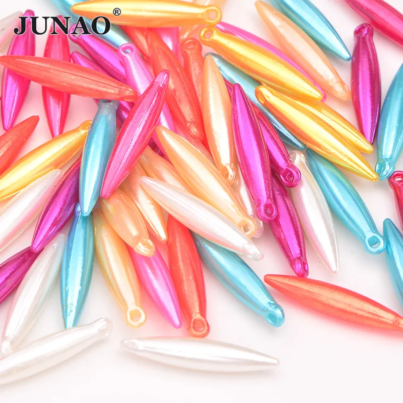 

JUNAO 50pcs 5*25mm Sewing Colorful Pearl Rhinestone Drop Pearl Beads Applique Sew On Strass Diamond For Garment Jewelry Crafts