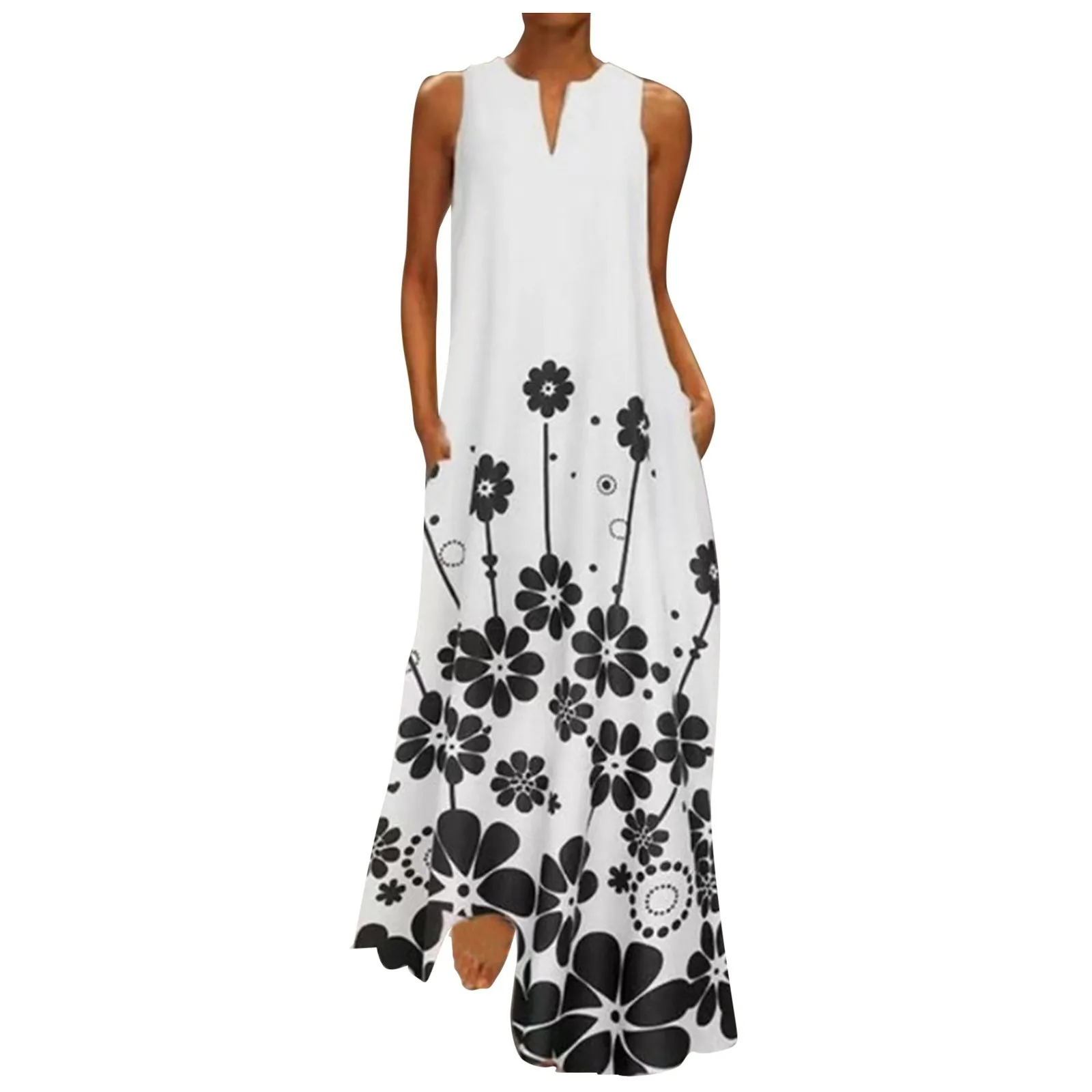

40# Vintage Floral Bohemian Dress 2021 Printed Tank Elegant V Neck Sleeveless Plus Size Dress Woman Floor Length Loose Dress