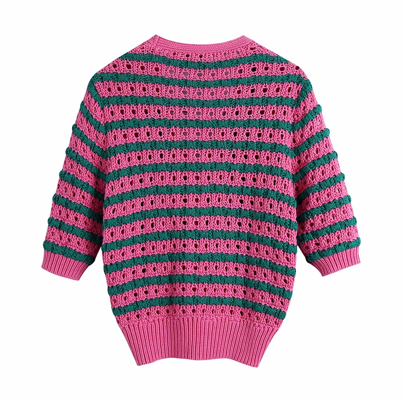 Кардиган женский трикотажный в полоску с V-образным вырезом и коротким рукавом |