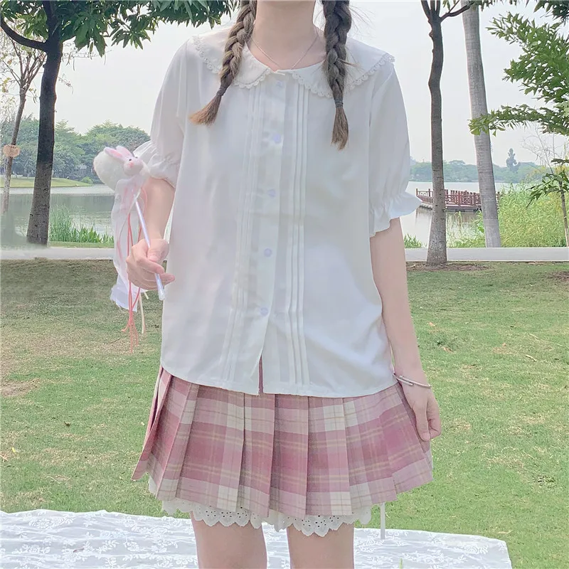 

Nouvel ete Mignon Lolita Chemise Femme jk Uniforme Doux Feuilletee Manches Lapin Oreilles Blouses Kawaii Poupee Col Dentelle