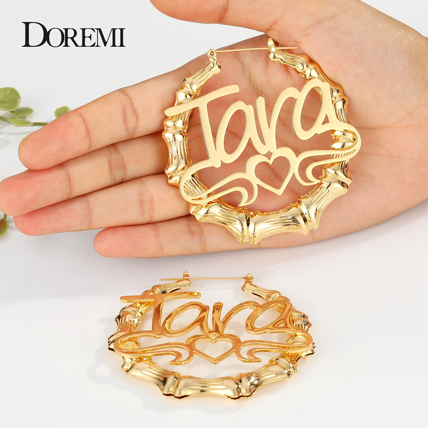 DOREMI 30-90MM Stainless Custom Bamboo Earrings Hoop Personalized Name Earrings Personalized Jewelry Charming Earrings Gold Gift