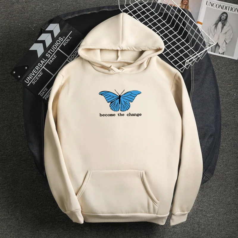 

New Loose Harajuku Style Japan Korean Sweatshirt Kawaii Blue Butterflies Become The Change Print Pattern Fleece Female Hoodies