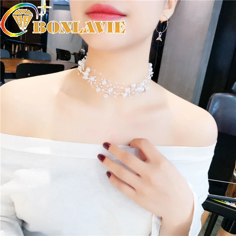 Романтическое белое многослойное ожерелье жемчужная рыболовная леска подвеска