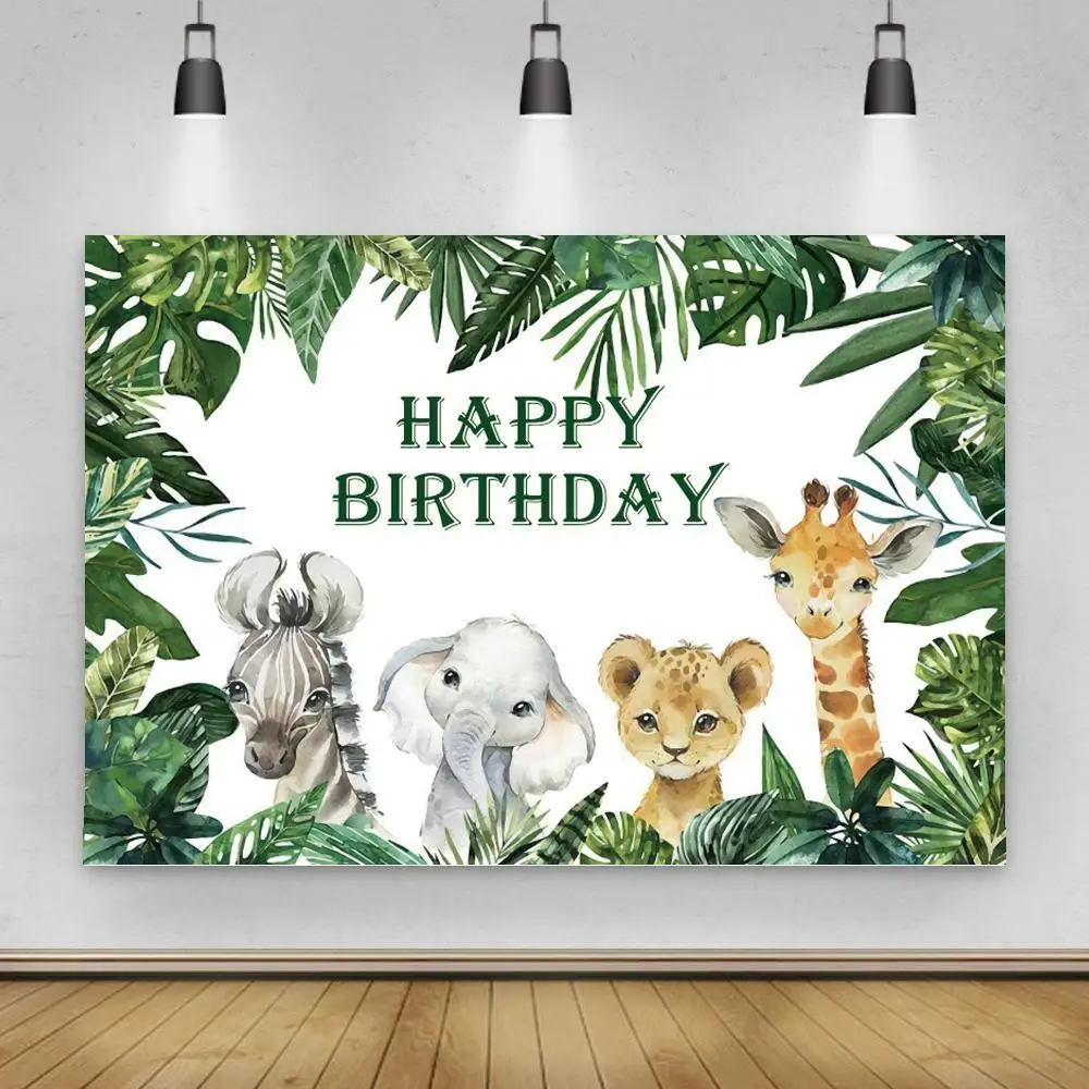 

Green Forest Animals Safari Birthday Party Decor Backgrounds Photo Cartoon Zebra Little Elephant Lion Kids Photography Backdrop