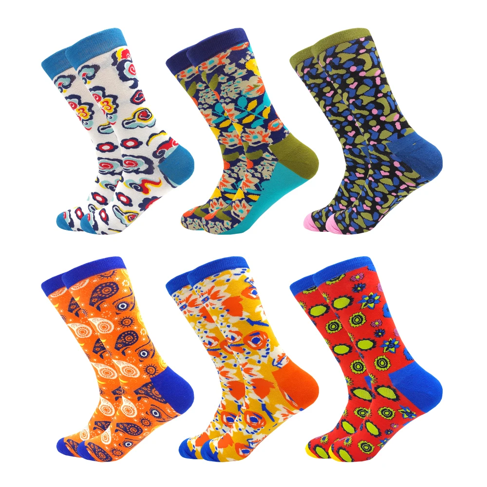 

6 Pairs Colorful Fashion Funny Happy Cute Women and Men Cotton Socks Bird Flower Grass Leaf Casual Men Socks