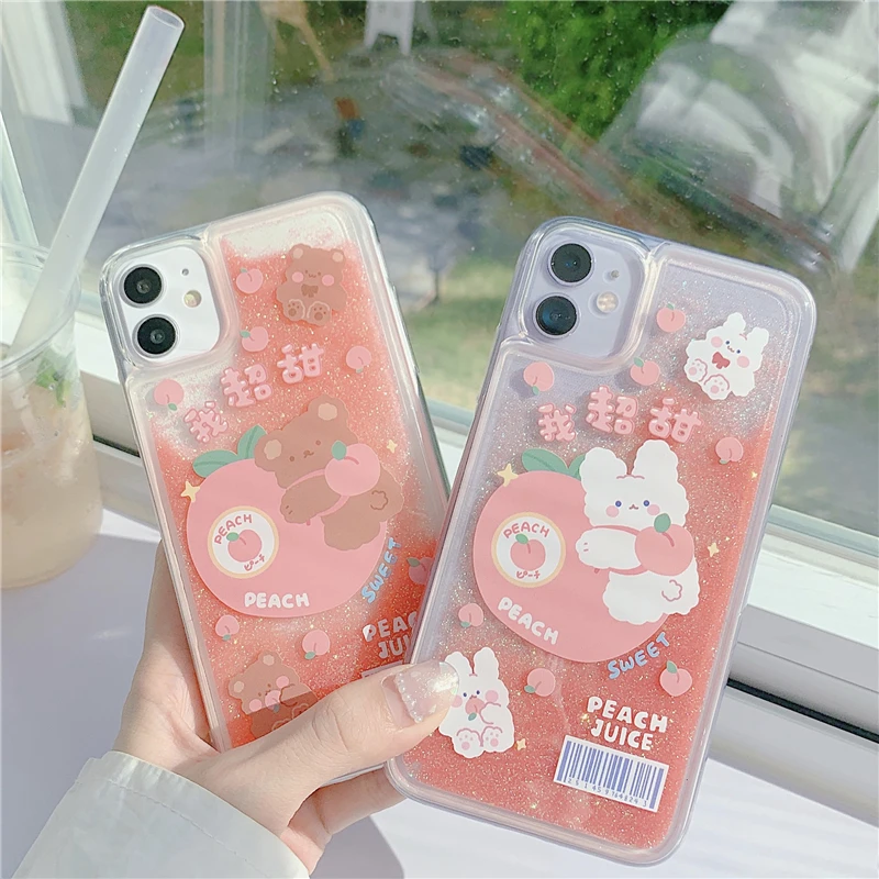 Animal Peach Glitter Quicksand Phone Case For iPhone 11 12 Pro Max XR X XS Max 6 6s 7 8 Plus SE 2020 Phone Cover Accessories