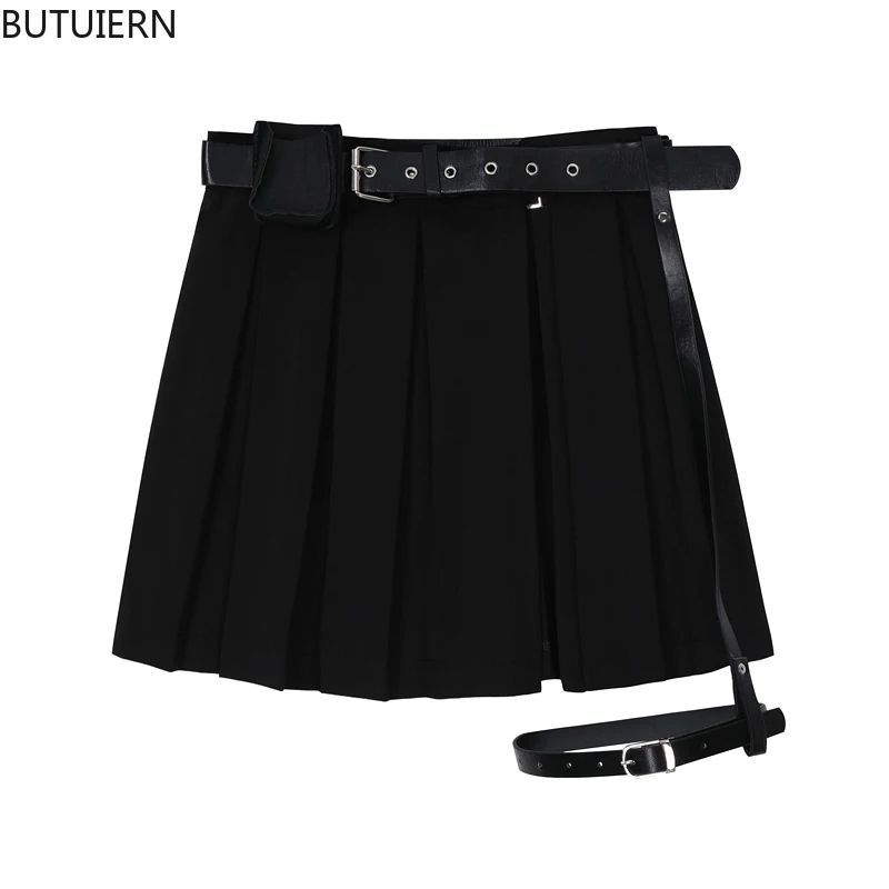 

2021 Skirts Women High Waist Punk Gothic Black Pleated Crop Belt Tide Grunge Goth Sexy Skirt Summer Y2K Fashion Egirl Clothes