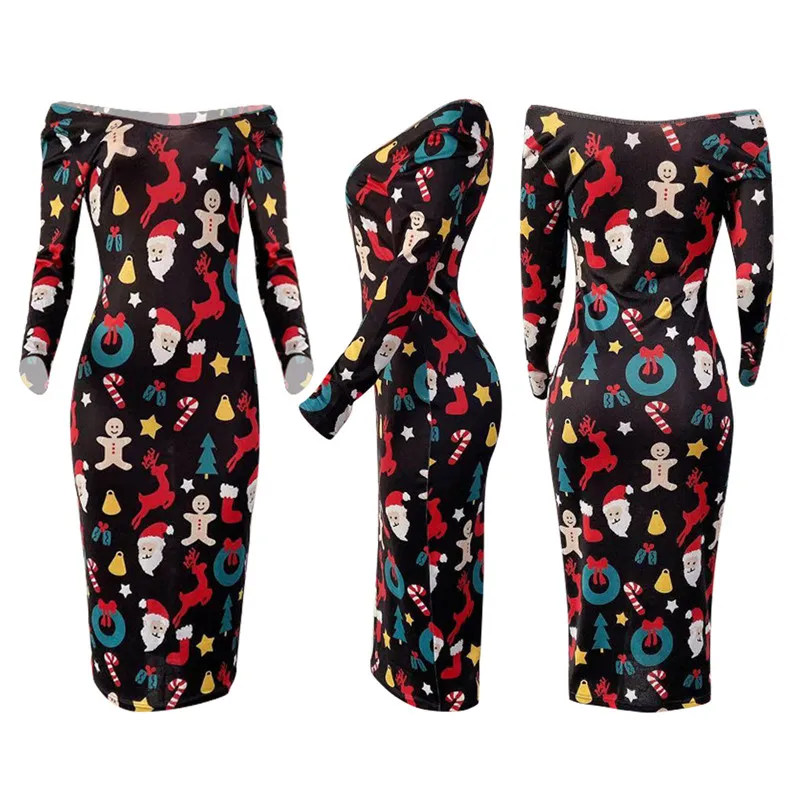 

Womens Casual Autumn Long-sleeved Dress Fashion Christmas Print Boat Neck Skinny Mid-length Dress