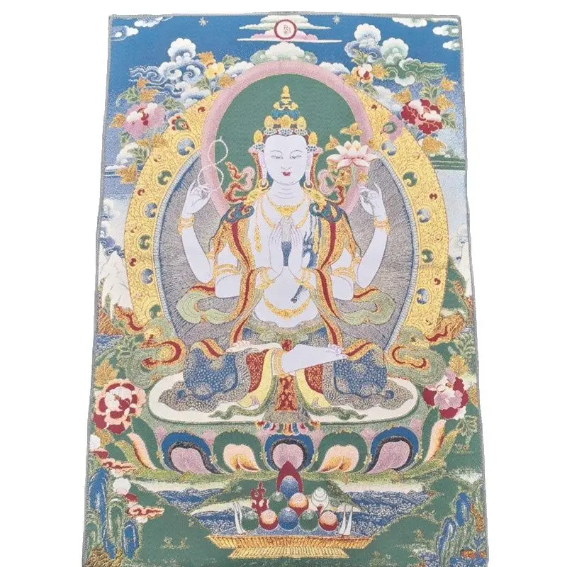 China Old Tibet Silk Thangka Like Hanging Painting Fengshui Tibetan Four Arm Buddha | Дом и сад