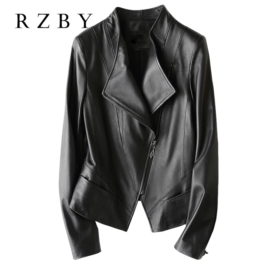New Ladies Autumn Winter Black Real Sheep Leather Slim Outwear Zipper Stand Collar Jacket Sports Motorcycle Chaqueta 3xl RZBY182