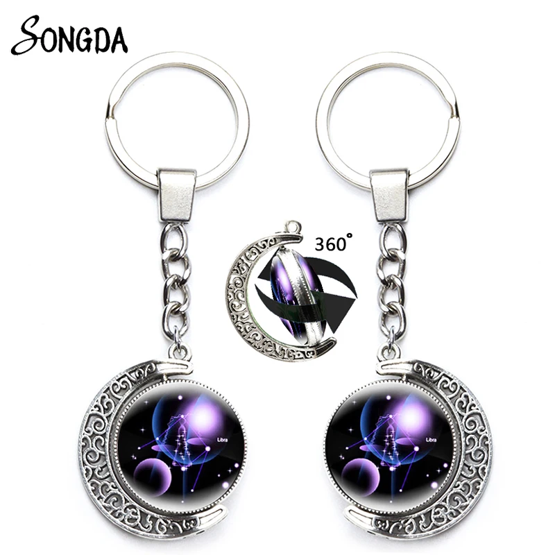 

12 Zodiac Sign Constellation Keychains Pendant Holder Scorpio Aries Key Chains Keyrings 360 Degrees Rotated Glass Dome Jewelry