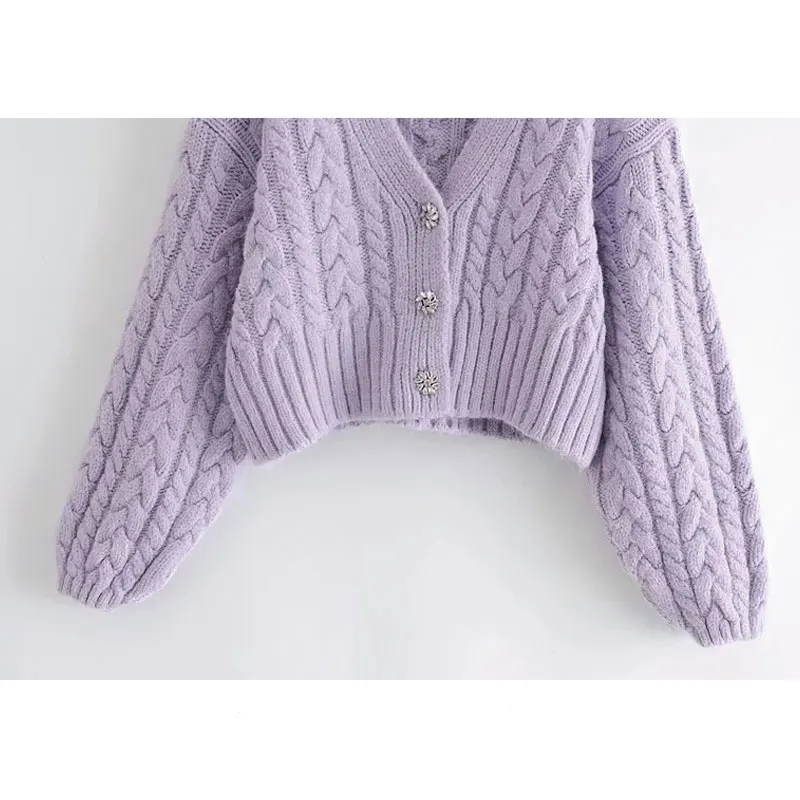 

Qeils Women 2021 Fashion Rhinestone Button Cropped Cable-knit Cardigan Sweater Vintage Long Sleeve Female Outerwear Chic Tops