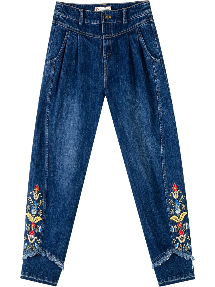 

Free Shipping 2020 New Long Pencil Pants For Women Embroidery Flower Trousers Plus Size M-3XL Denim Jeans Casual Chinese Style
