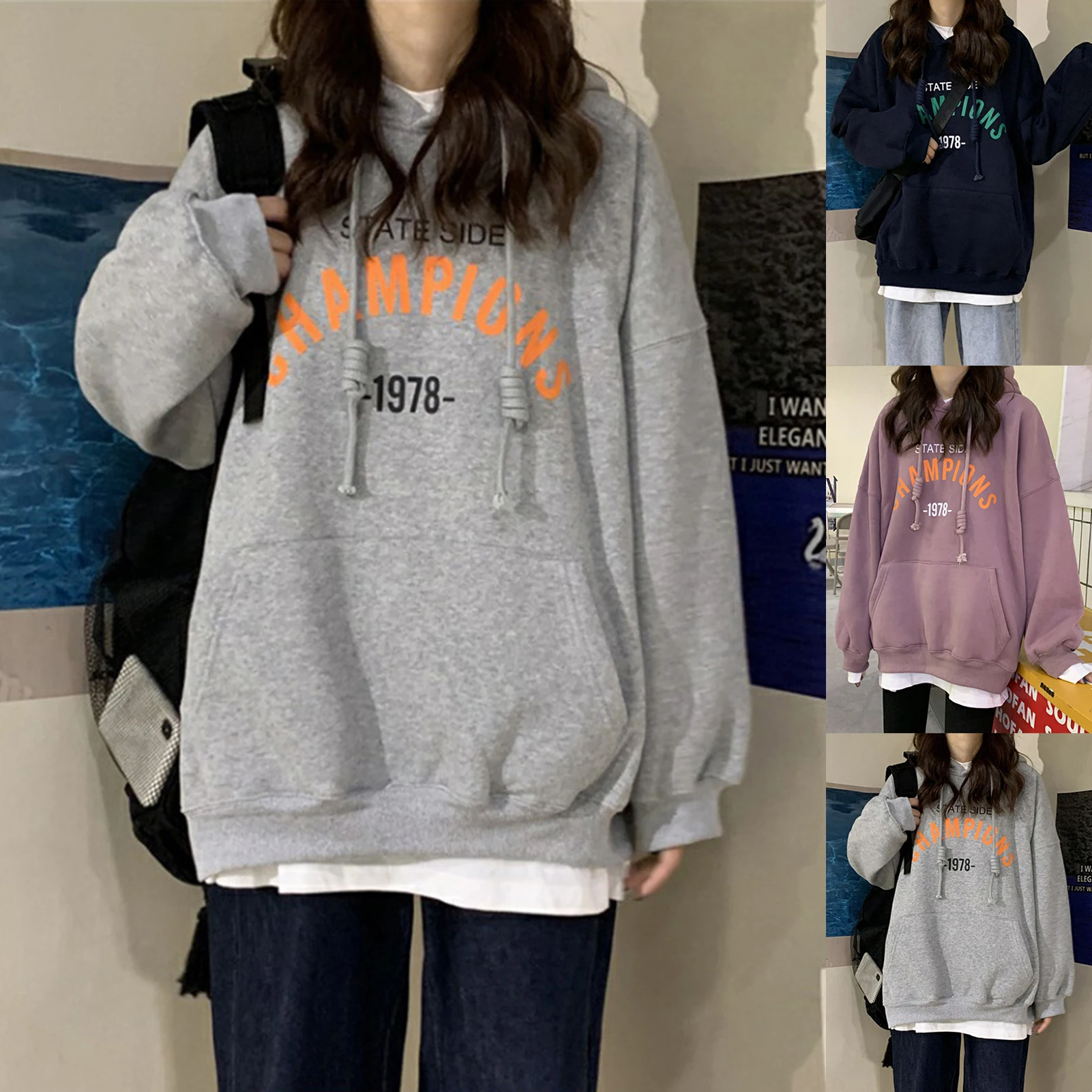 Women Letters Print Plush Warm Hoodie Sweatshirt Long Sleeve Autumn Pullover