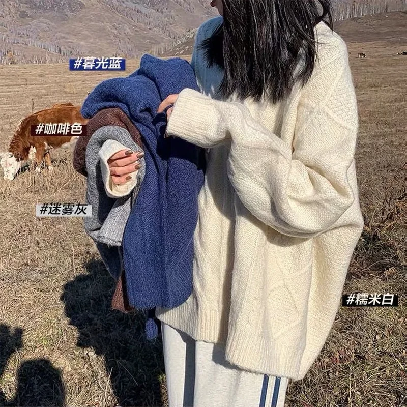 

Retro twist V-Neck Sweater women's Pullover wear a new loose knit top in autumn and winter 2021