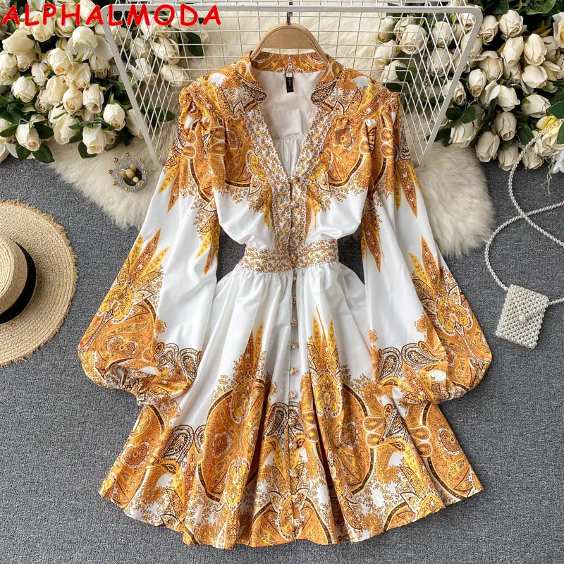 Женское платье ALPHALMODA богемное с длинным рукавом и V-образным вырезом пуговицами