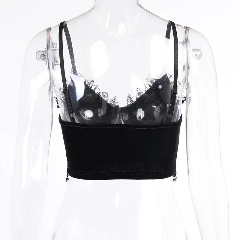 

ALLNeon Mall Goth Lace Trim Black Velvet Bralette Tops E-girl Streetwear V-neck Backless Cami Tops Y2K Aesthetic Outfits Grunge