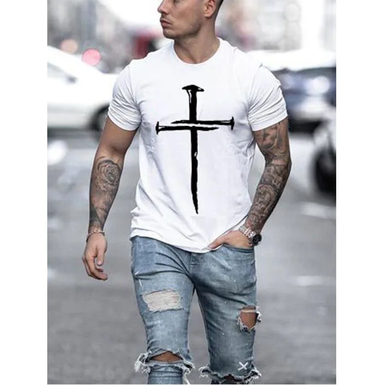 

Vintage Cross Printing Short Sleeve T Shirt For Men Fashion O-Neck Tee Casual Pullover 2021 Summer Male Harajuku Streetwear 4XL