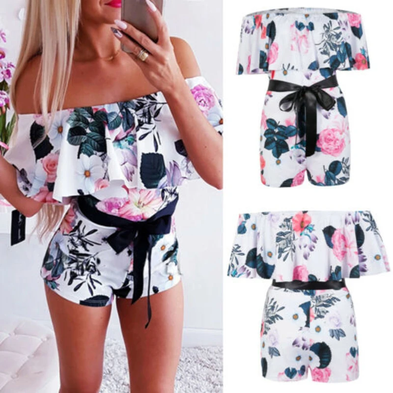 

Kayotuas Women Playsuit Boho Off-the-Shoulder Floral Print Bodycon Romper Fashion Ladies Summer Club Tight Short Trouser Leotard