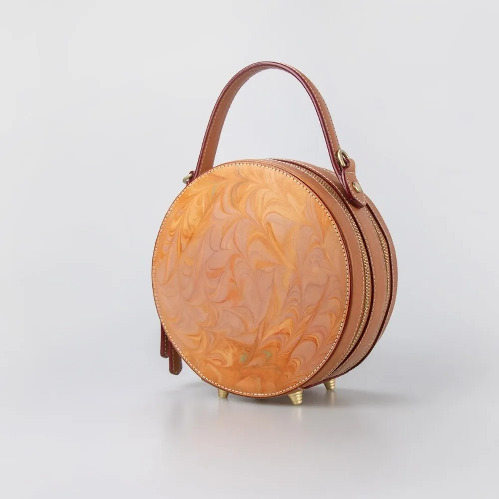 

Round bag female bag new 2021 crossbody shoulder handbag fashion retro top layer vegetable tanned leather bag