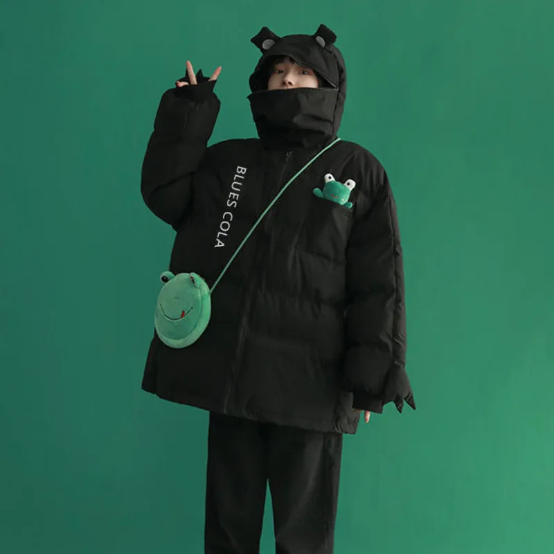Funny Frog Green Padded Clothes Women's Winter Cartoon Cute Plush  Warm New Puff Jacket Hooded Parkas Japanese Kawaii Crop Top