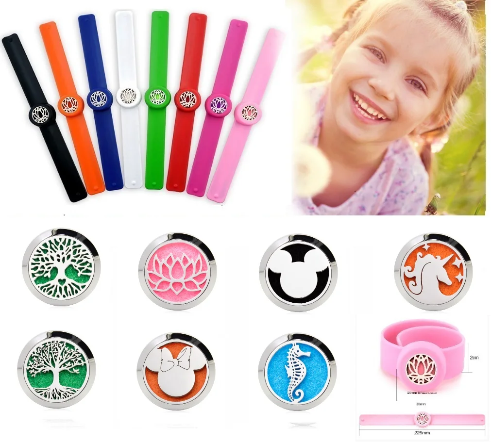 

Children Essential Oil Diffuser Locket Bracelet Silicone Slap Stainless Steel Aromatherapy Bangle 10pcs Free Pads 25mm