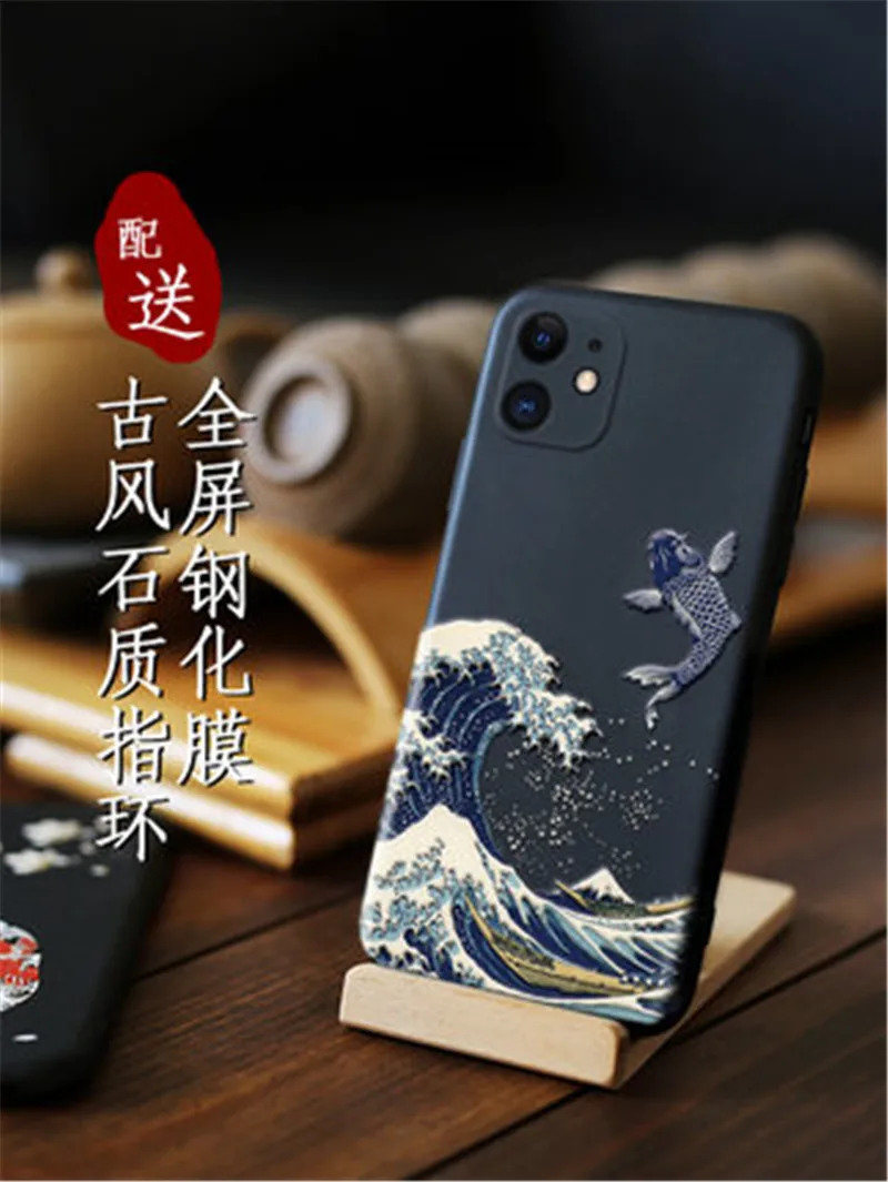 2020 отличный Чехол для телефона с тиснением Iphone 11 чехол Kanagawa волны Карп журавль 3D