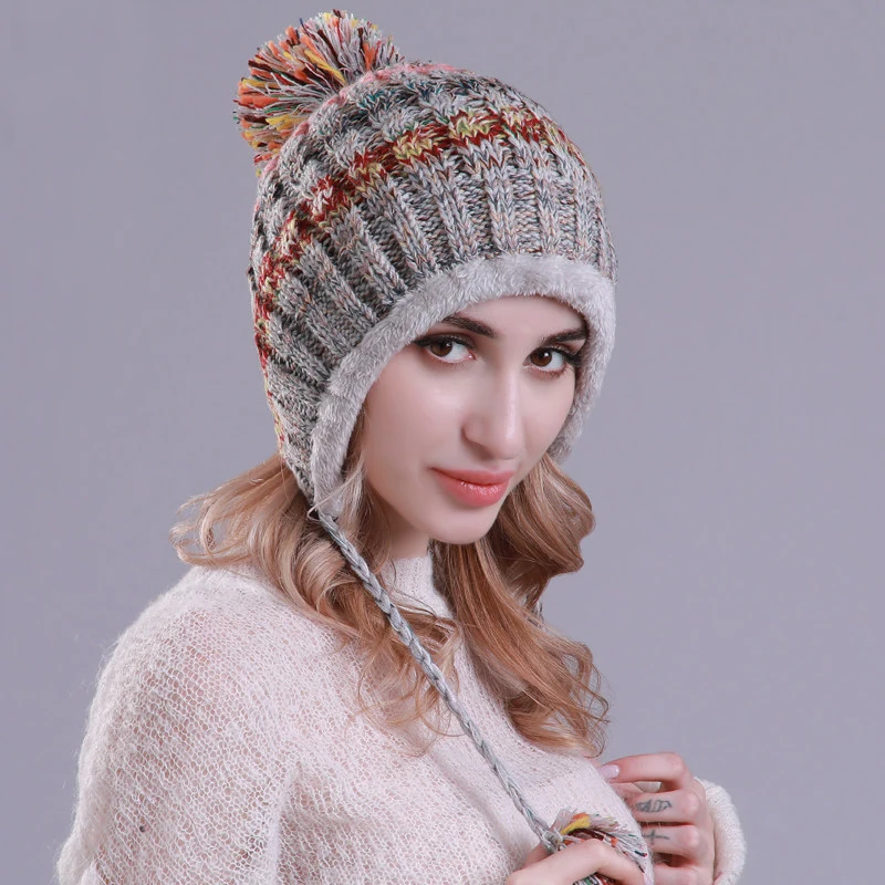 Зимняя Вязаная Шапка бини с мехом шапка для женщин повседневные разноцветные