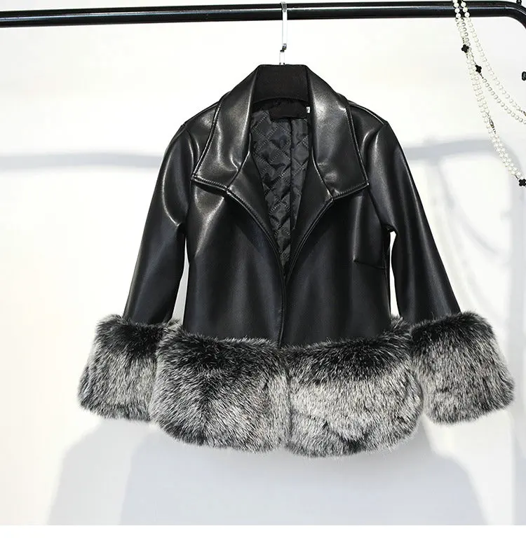 2001 Gray Модные женские осенние зимние Короткие Куртки из искусственной кожи с искусственным лисьим мехом, роскошная Качественная верхняя одежда из искусственной кожи в стиле пэчворк - Цвет: 2001 Gray