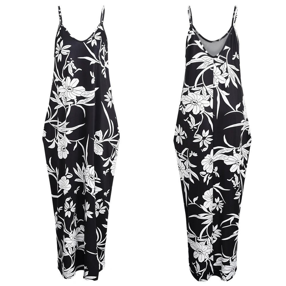

Floral Print Boho Maxi Dress Women Summer Pocket Spaghetti Strap Elegant Sexy Party V-neck Long Dress Sleeveless Beach Dress D30