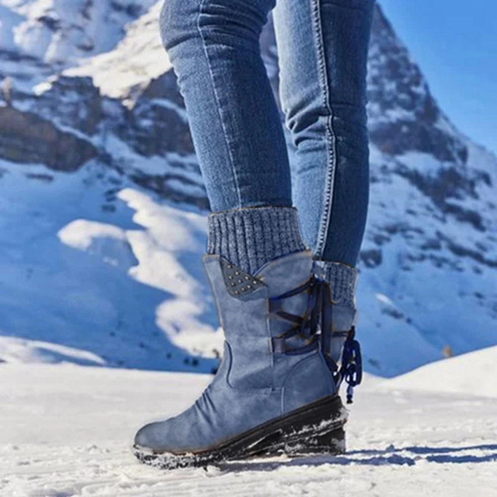 Puimentiua Winter Shoes Women Boots Basic Mid-Calf Boots Round Toe Zip Platform Decor Female Shoes Warm Lace Up Boots Shoes
