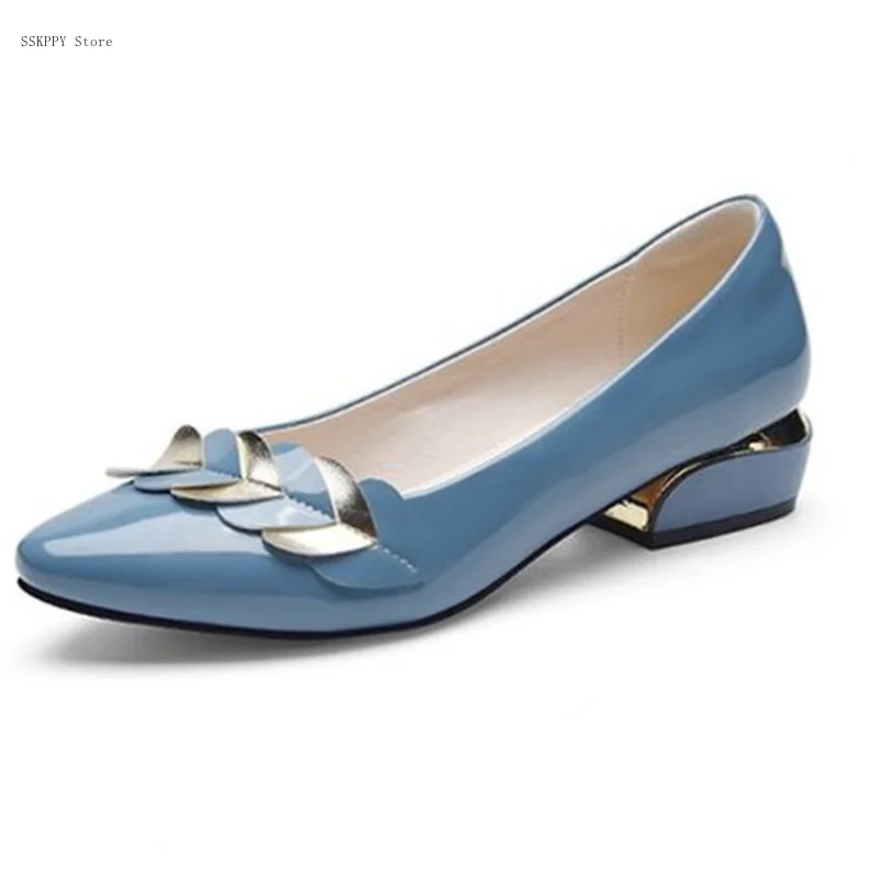 Single Shoes Women's Low-heeled Pumps Women's Shoes 2022 New Patent Leather Ladies Blue Small Leather Shoes Large Size 41