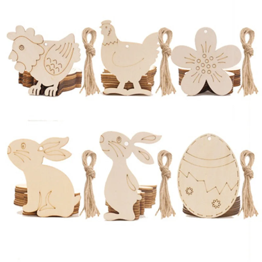 

10× Easter Rabbit Egg Wooden Decor Crafts Wood Chips Cutouts Natural Hanging Tag DIY Handmade Rabbit Wooden Ornaments