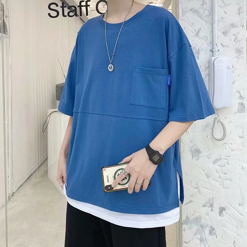 

Hong Kong style solid color new T-shirt five minute sleeves 2021 summer loose-fitting false two top T-shirt fashion youth trend
