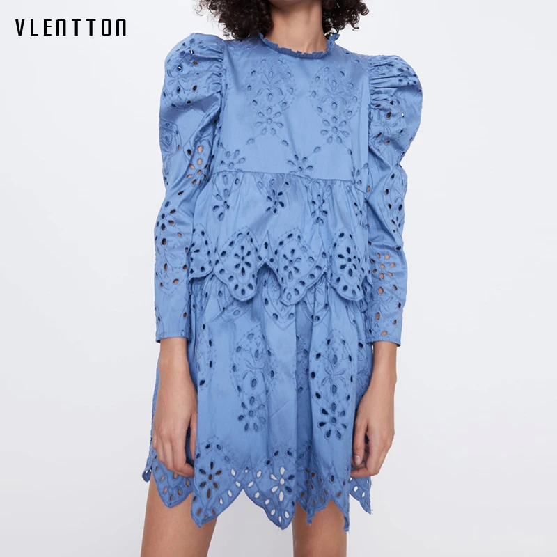 Женское мини-платье с рюшами синее вечернее платье-трапеция длинным рукавом и