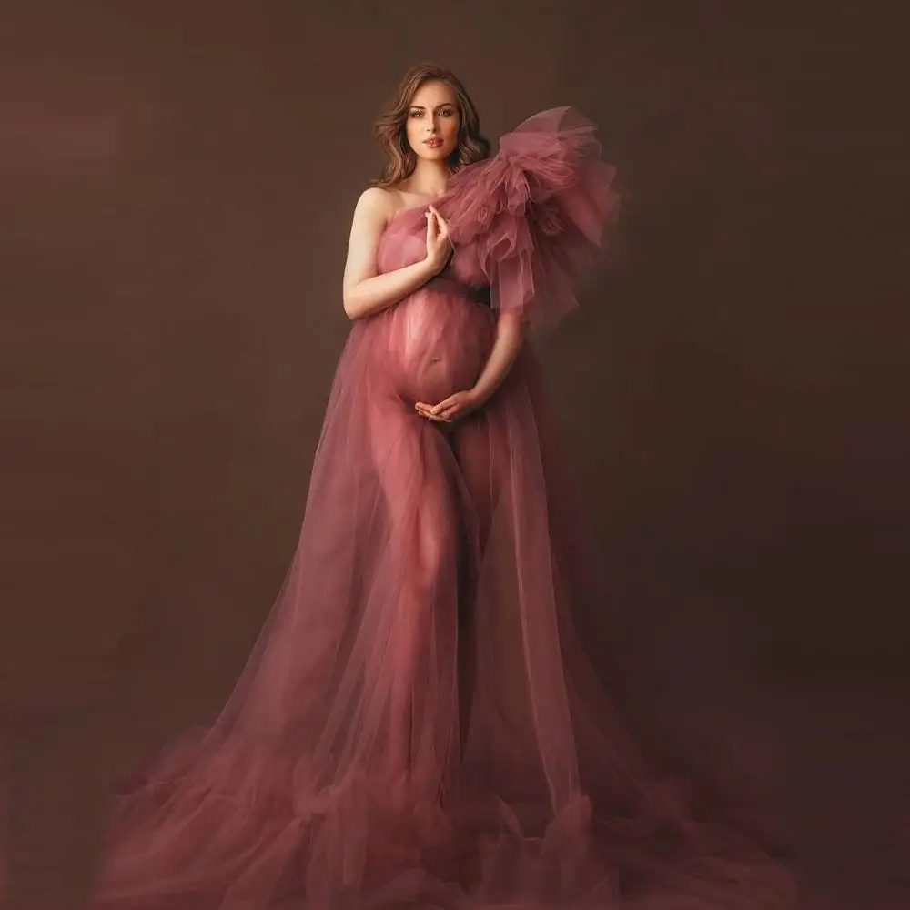 

Elegant One Shoulder Tulle Maternity Dresses See Through Sexy Women Tulle Maternity Dressing Gowns For Photography