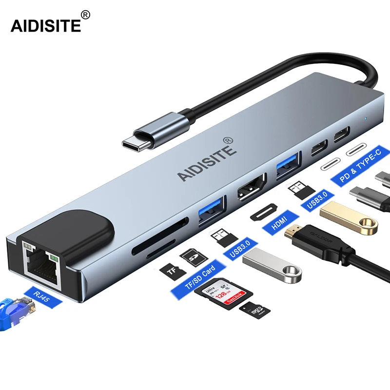 USB-концентратор AIDISITE 8 в 1 USB 3 Type-C RJ45 SD/TF | Компьютеры и офис