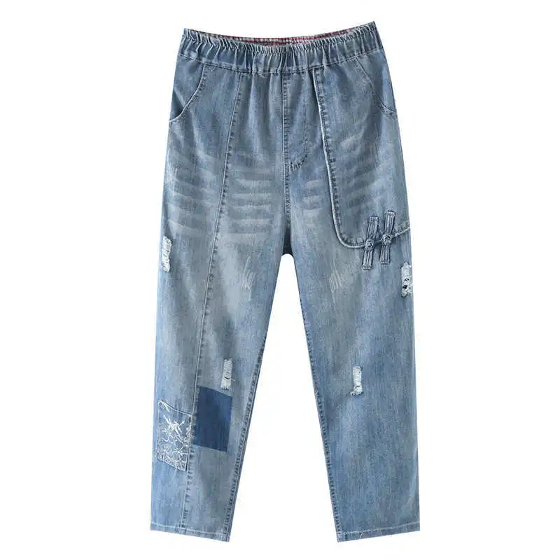 

Women Spring Summer Stylish Elastic Waist Patchwork Hole Vintage Blue Jeans Female Ankle Length Denim Pants Lady Harem Trousers