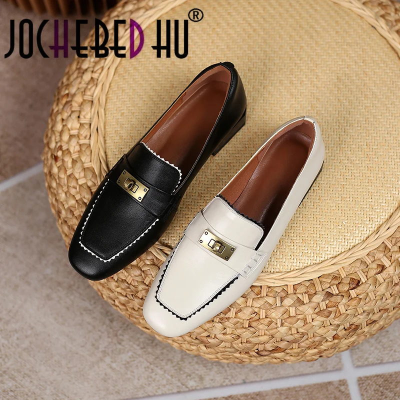 

【JOCHEBED HU】Fashion Casual Loafers Women's New Spring Genuine Leather Classic Color Combination Comfortable Low Heel Shoes34-40