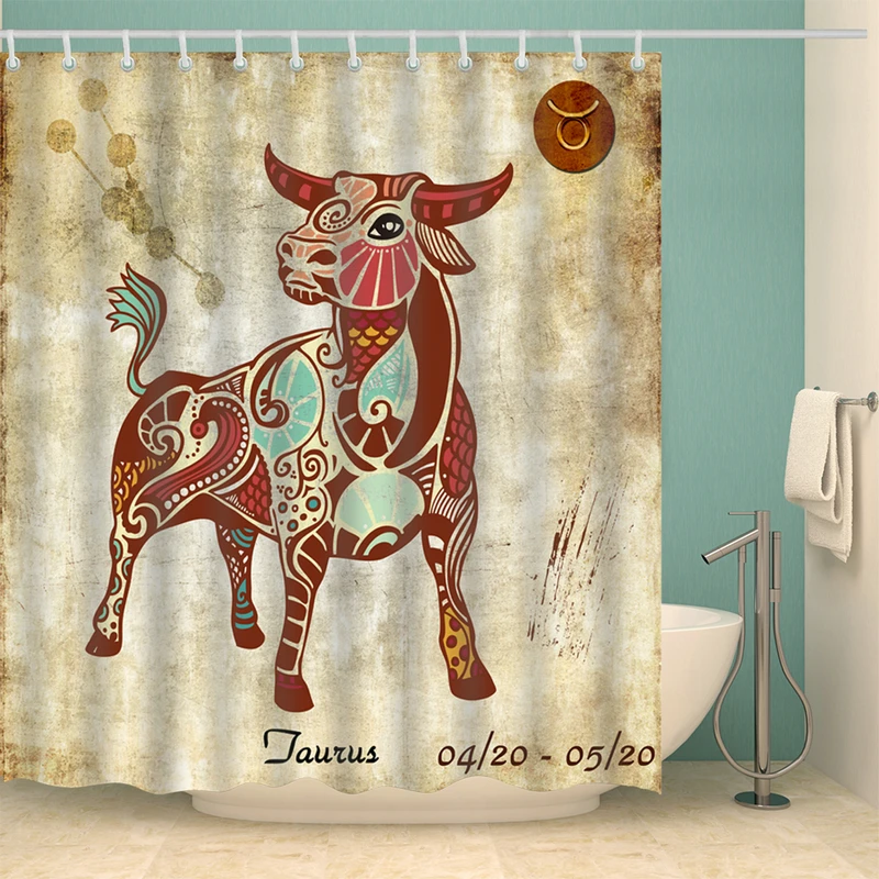 

Taurus Twelve Constellations Shower Curtain Set with 12 Hooks Natural Plants Bathroom Decoration Washable Polyester Fabric